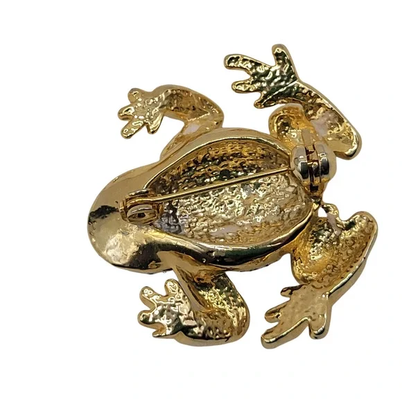 VTG Pave Rhinestone Frog Brooch Pin Emerald Eyes Gold Tone; Unmarked - Picture 5 of 5